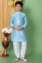 Dupion Silk Embellished Kurta with Payjama for Boys, Sky Blue & White 