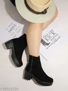 Shoetopia Solid Suede Block Boots Black 