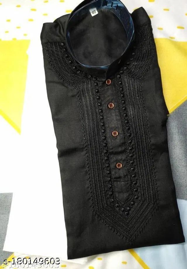 Cotton Embroidered Kurta with Pyjama for Men (Black & White, XXXL)