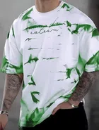 Round Neck Printed Oversized T-Shirt for Men (White & Green, M)