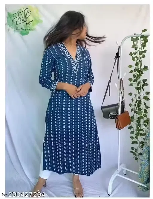 Dull Cotton Block Print Kurta Set for Women, Blue (XXL)