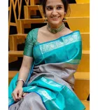 Litchi Silk Zari Woven Saree for Women, Grey & Blue 