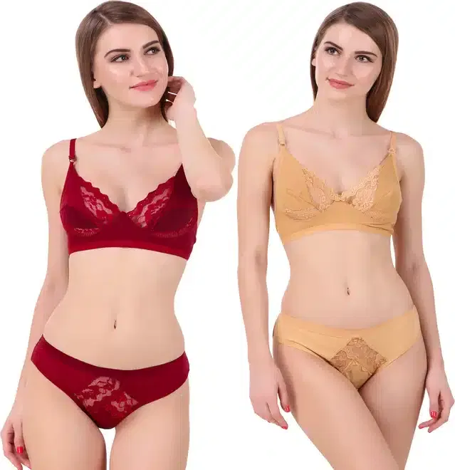 Cotton Blend Lingerie Set for Women (Maroon & Beige, 32) (Set of 2)