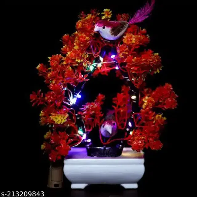 Artificial Bonsai Plant with Sparrow & Light (Orange)