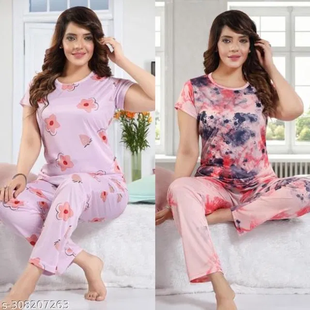 Satin Nightsuit for Women (Purple & Peach, XL) (Pack of 2)
