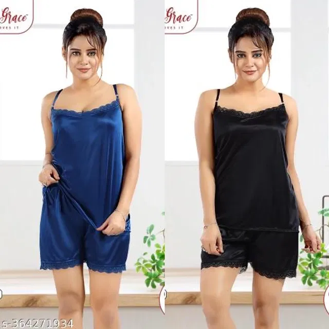 Satin Nightsuit for Women (Navy Blue & Black, XXL) (Pack of 2)