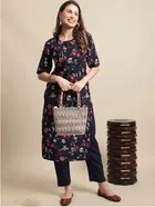 Crepe Floral Print Women's Kurta with Pant Set (Blue, XXL)