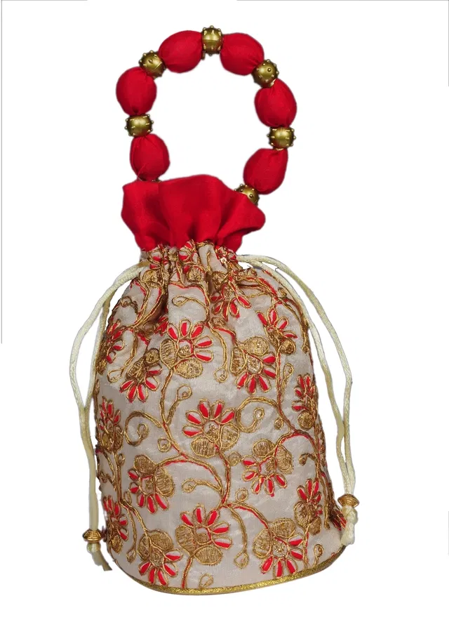 Silk Floral Ethnic Rajasthani Traditional Work Potli with Handle for Return Gifts (Red)