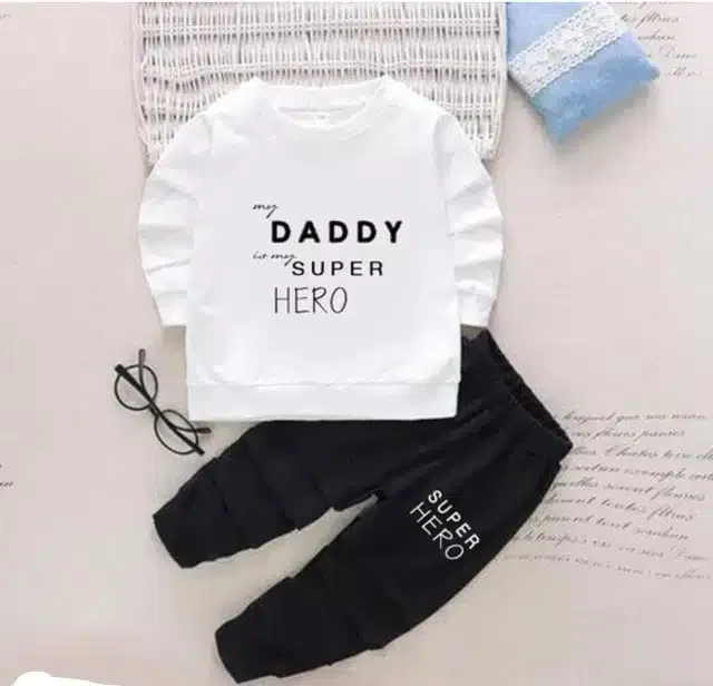 Hosiery Printed Top & Bottom Set for Kids (White & Black, 12-18 Months)