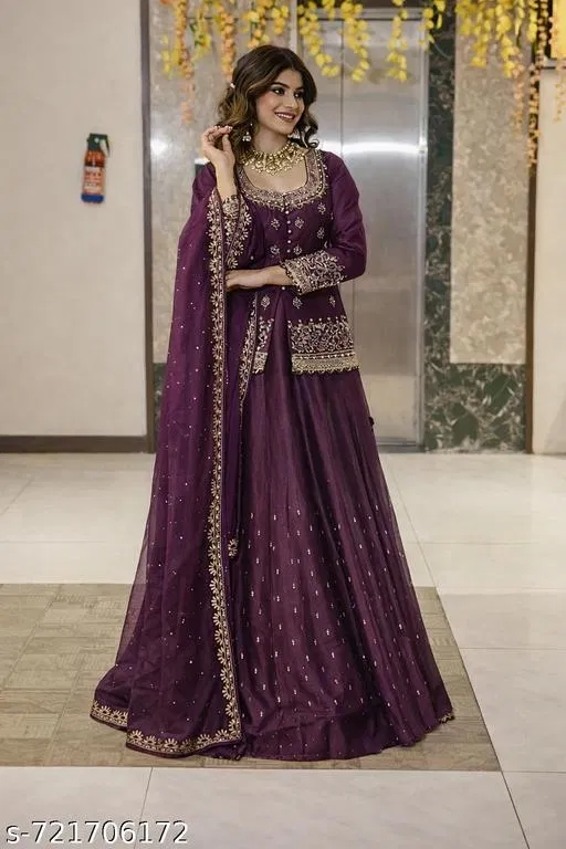 Embroidered Lehenga Choli for Women (Wine, 4XL)