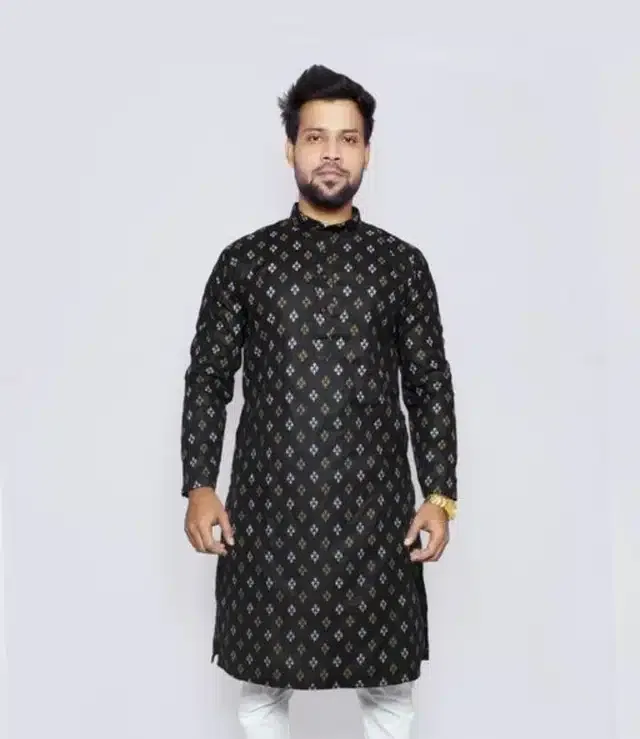 Cotton Printed Full Sleeves Kurta for Men (Black, XXL)