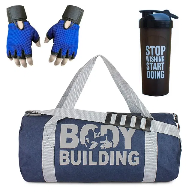 Polyester Printed Gym Bag with Gloves & Shaker Bottle (700 ml) for Men & Women (Multicolor, Set of 1)
