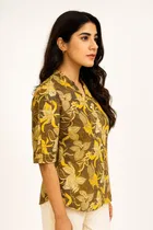 Women's Tropical Floral Print Mandarin Collar Top, S 