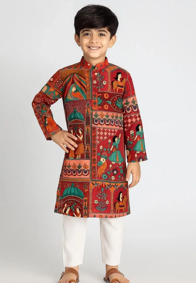 Cotton Blend Printed Kurta with Payjama for Boys, Red & White (2-3 Years)