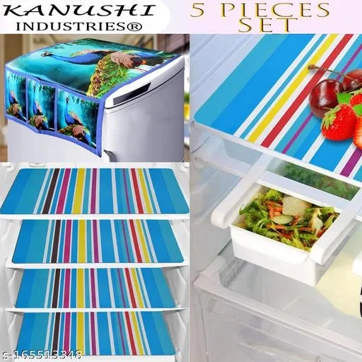 KANUSHI Industries® 1Pc Fridge Cover for Top with 6 Utility Pockets + 4 Fridge Mats (FRI-Peacock-Blue+M-1-04)… Fridge Combo