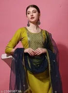 Cotton Blend Embroidered Kurta with Pant & Dupatta for Women 