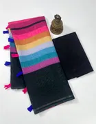 Cotton Linen Printed Saree for Women (Black, 6.3 m)
