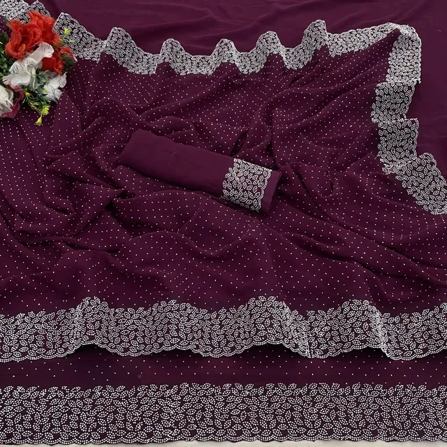Georgette Woven Design Saree for Women (Wine, 6.3 m)