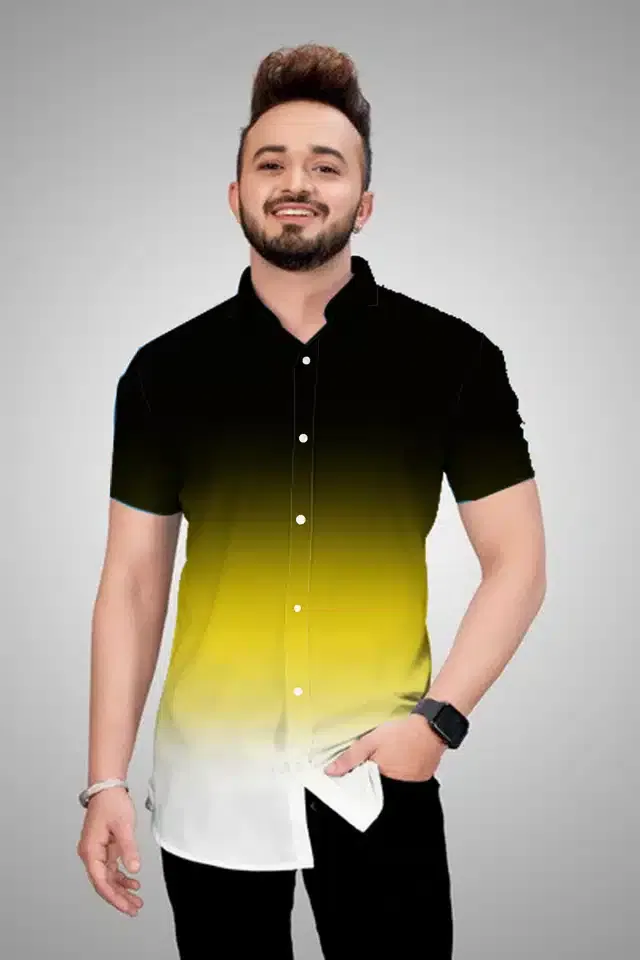 Men's Color Block Short Sleeves Shirt (Yellow, XL)