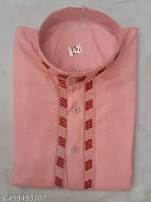 Cotton Solid Kurta for Men, Pink (L)