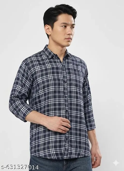 Cotton Blend Checked Shirts for Men, Blue (M)