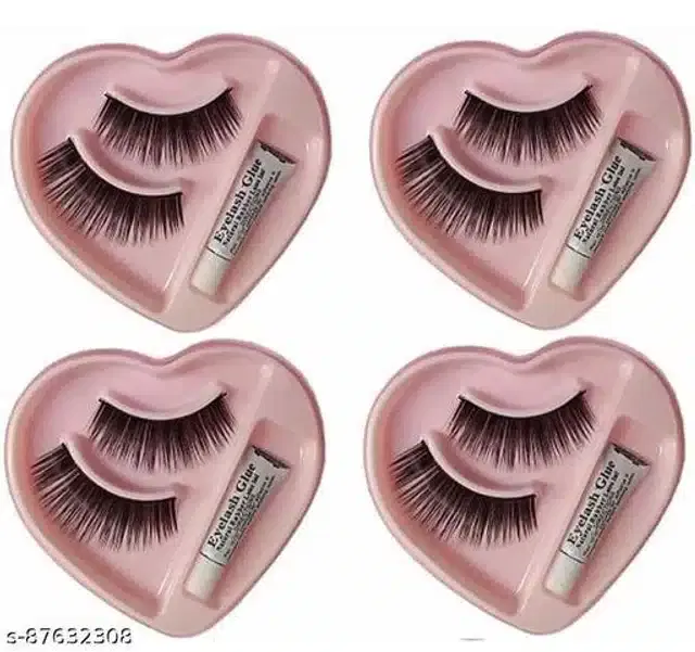 False Eye Lashes with Glue (Black, Pack of 4)