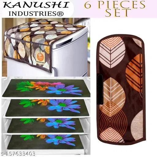 KANUSHI Industries® 1Pc Fridge Cover for Top with 6 Utility Pockets + 1 Handles Covers + 4 Fridge Mats (FRI-BROWN-LONG-LEAVE+1-HANDLE+M-24-04)