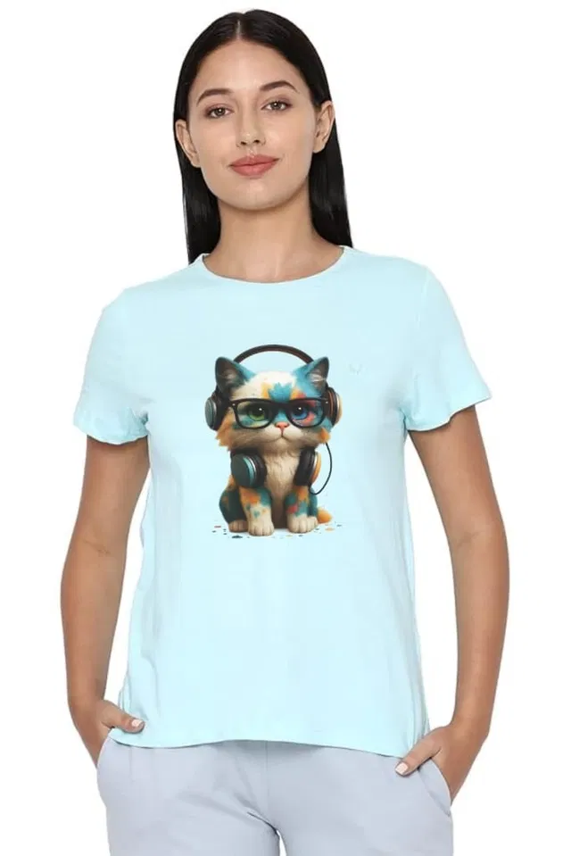 Cotton Blend Printed T-shirt for Women, Aqua Blue (S)