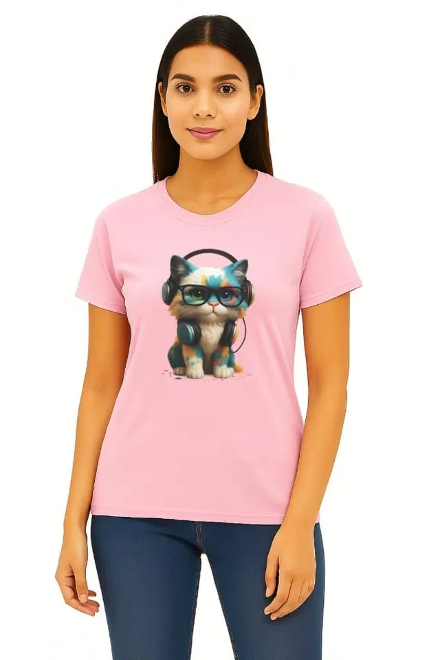 Cotton Blend Printed T-shirt for Women, Pink (L)