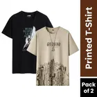 Men's Round Neck Printed T-Shirts - Pack of 2, Black & Beige, XL