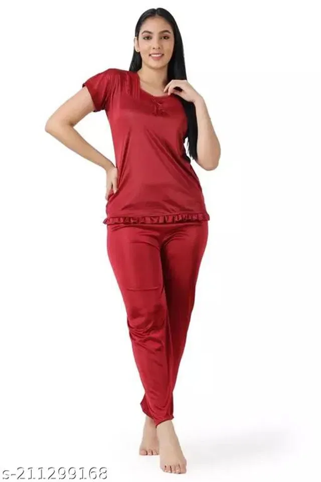Satin Nightsuit Set for Women (Maroon, S)