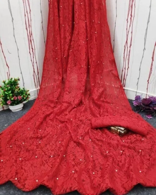 Net Solid Saree for Women (Red, 6.3 m)