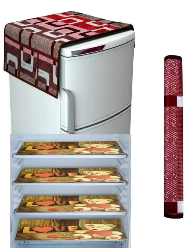 Knit Printed Fridge 4 Pcs Mat with Handle & Top Cover (Multicolor, Set of 1)