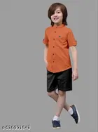 Solid Cotton Blend Mandarin Collar Short Sleeve Shirt for Boys 