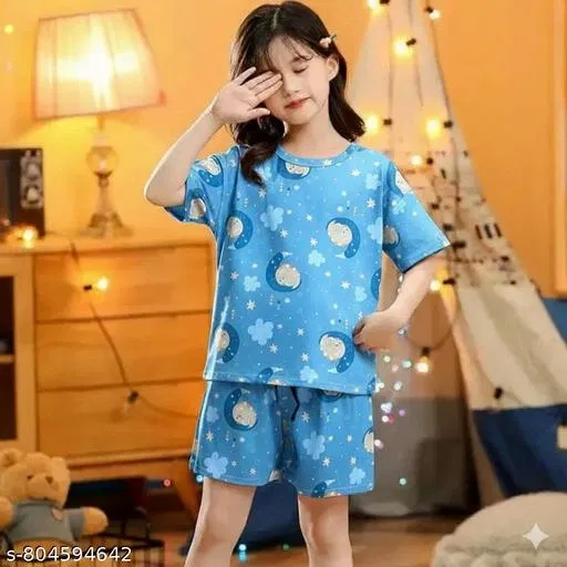 Night Suit for Girls (Aqua Blue, 5-6 Years)