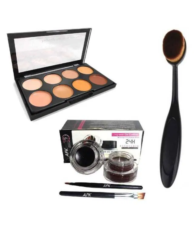 Pack of 3 Lenon KB Oval Brush with Contour Palette & Gel Eyeliner (Black)