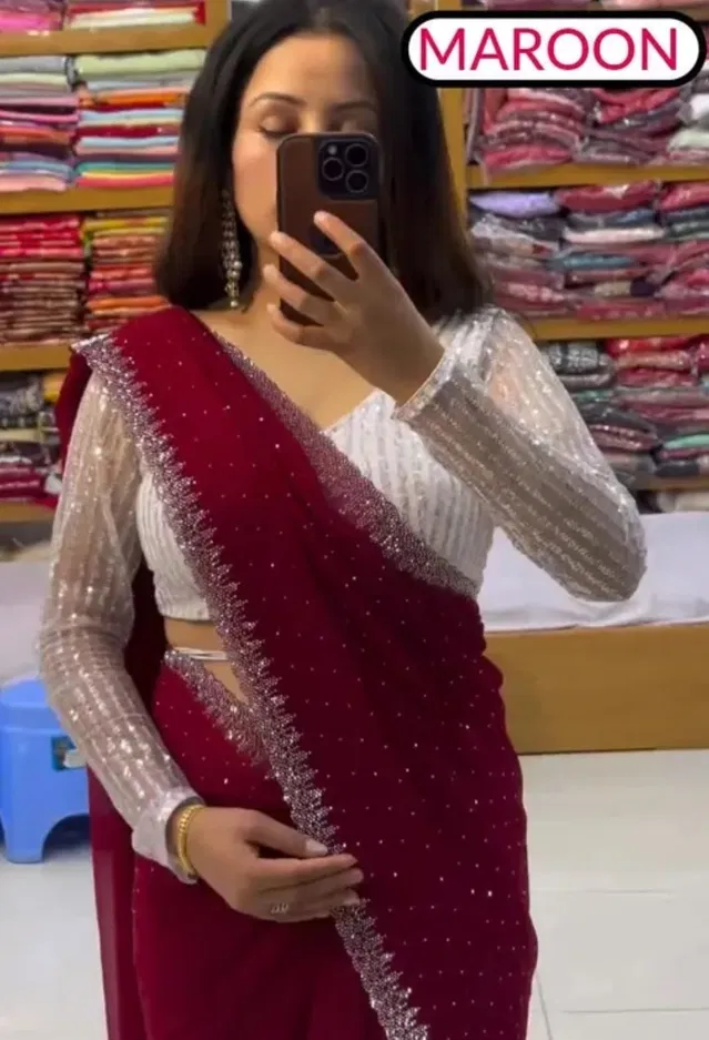 Georgette Embellished Saree for Women (Maroon, 6.3 m)