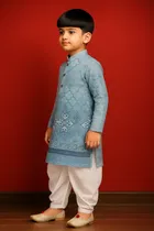 Cotton Blend Printed Kurta with Dhoti for Boys, Blue & White 