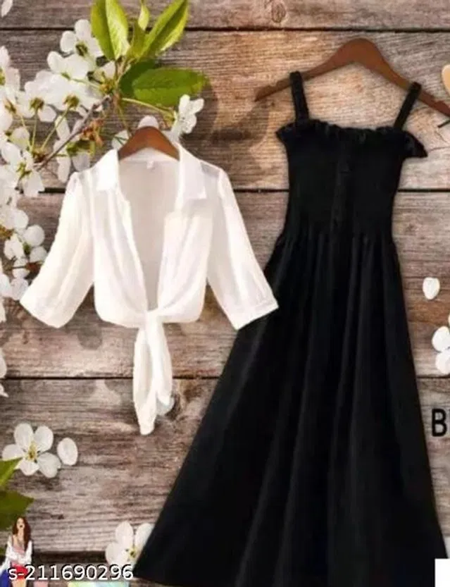Poly Crepe Dress for Women (Black & White, S)