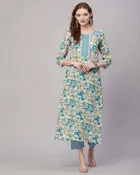 Women Cotton Blend Kurti Pant Set (M)