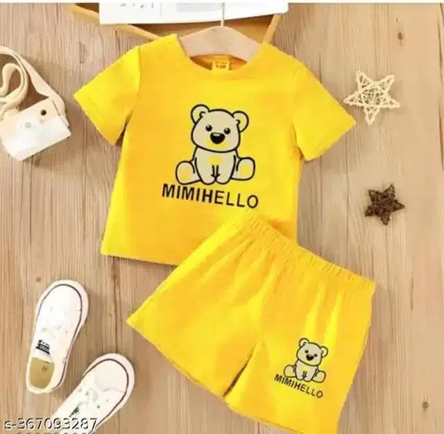 Cotton Half Sleeves T-Shirt with Pant Clothing Set for Kids (Yellow, 6-9 Months)