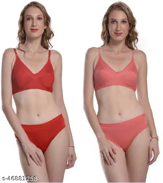 Cotton Blend Solid Lingerie Set for Women (Multicolor, 32A) (Pack of 2)