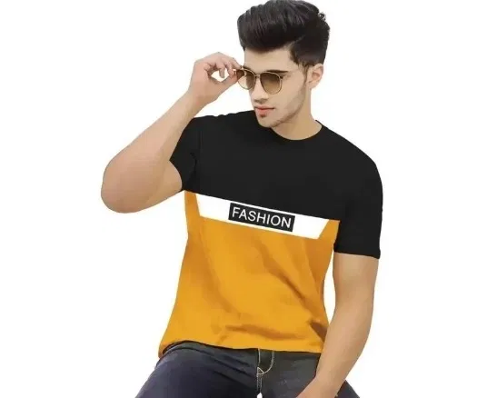 Round Neck Colorblocked T-Shirt for Men (Multicolor, L)