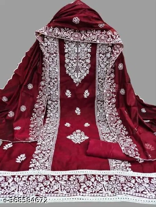 Chanderi Cotton Embroidered Punjabi/All Over Suits for Women (Maroon, Un Stitched)