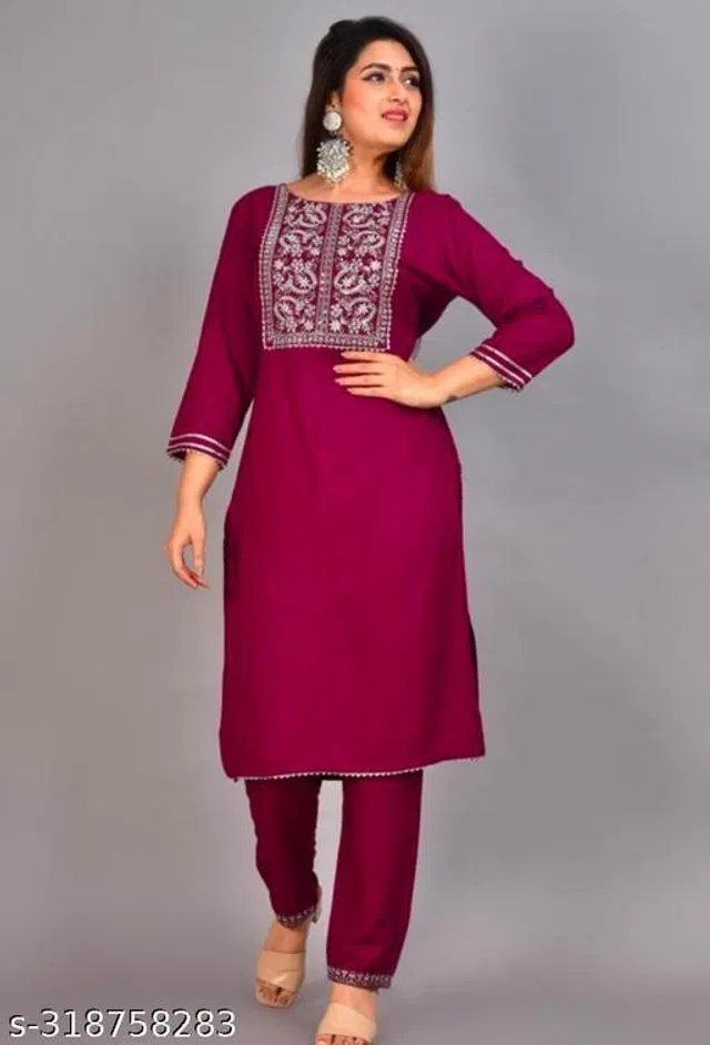 Rayon Printed Kurta with Pant for Women (Purple, XL)