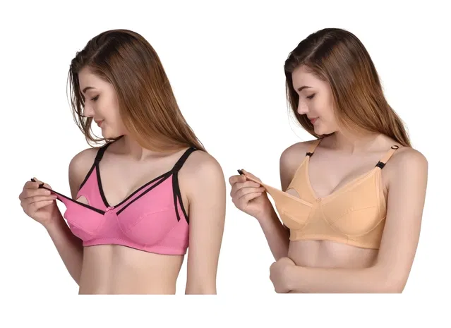 Cotton Blend Solid Non Padded Feeding Bras for Women (Multicolor, 2XL) (Pack of 2)