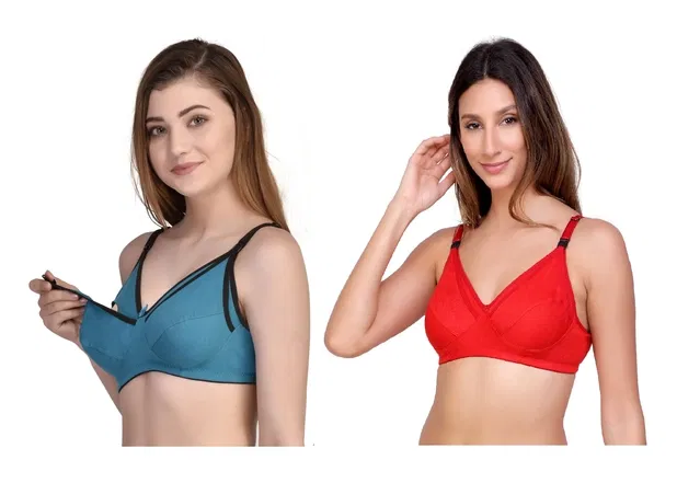 Cotton Blend Solid Non Padded Feeding Bras for Women (Multicolor, 38) (Pack of 2)
