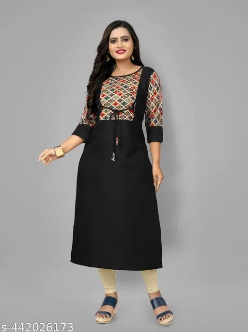 Floral Kurti for Women (Black, XXL)