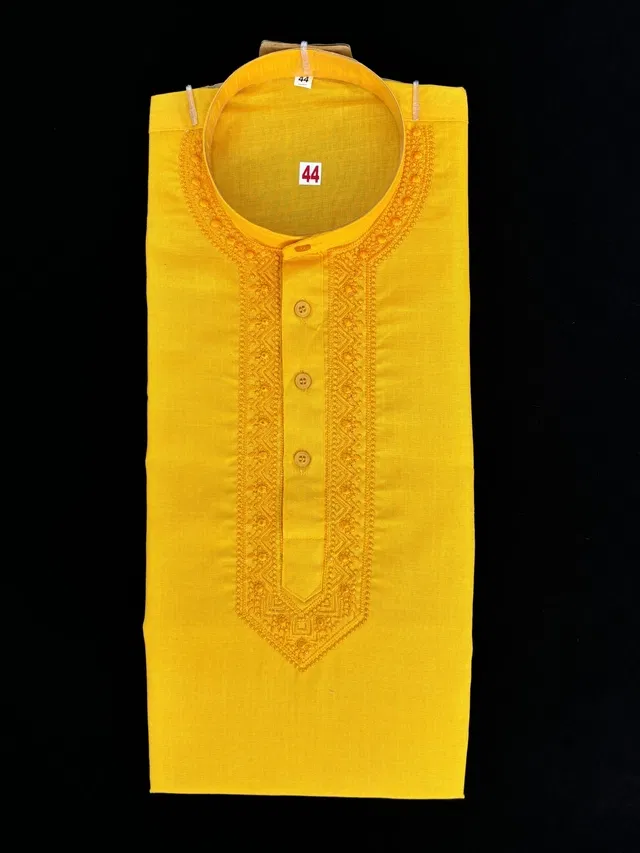 Cotton Embroidered Kurta for Men (Yellow, XL)