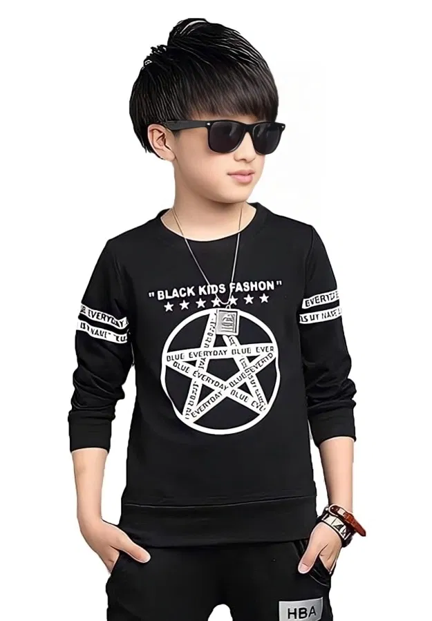 Round Neck Full Sleeves Printed T-Shirt for Boys (Black, 6-7 Years)